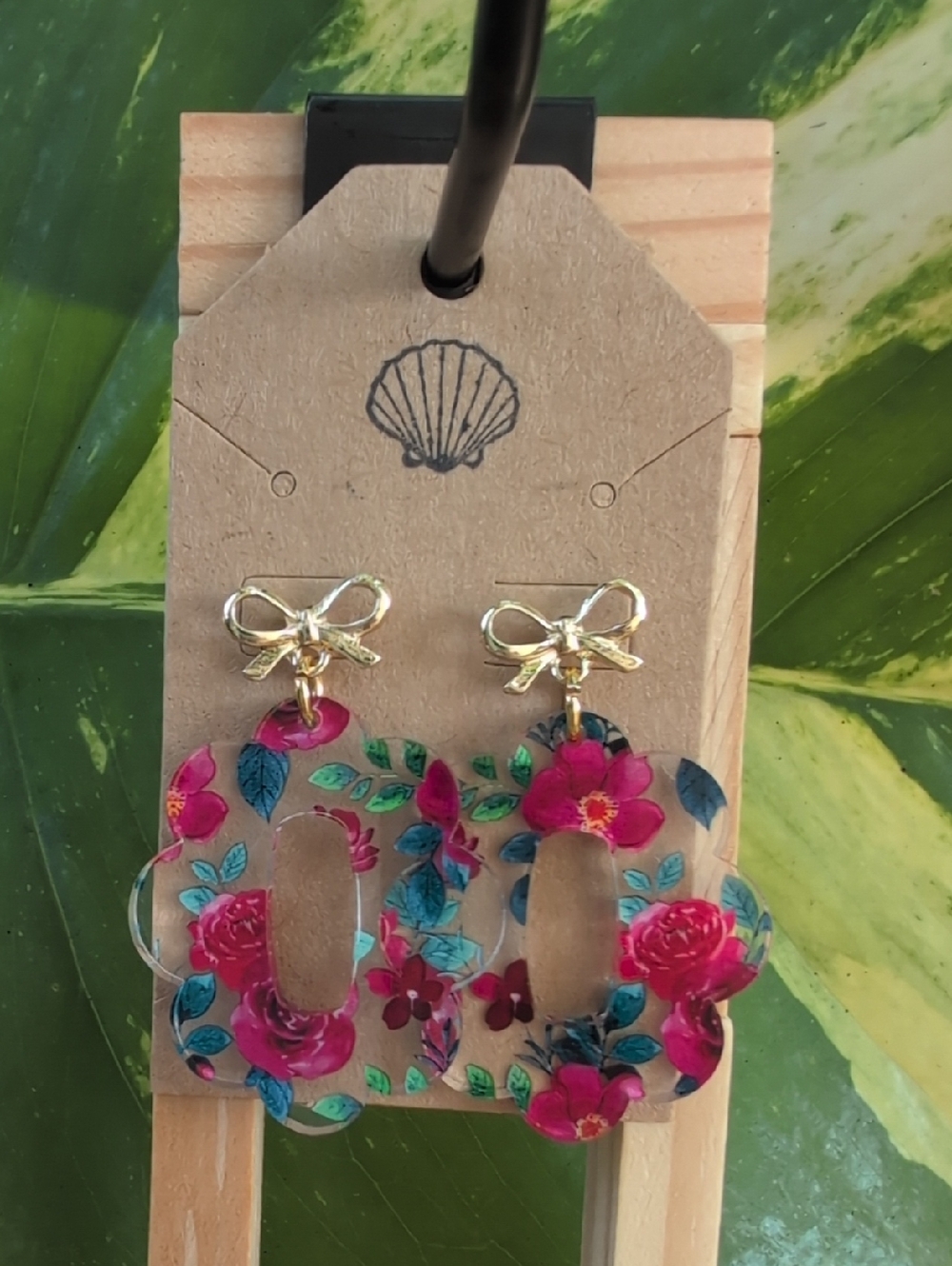 Floral Acrylic Bow Dangle Earrings - Rose Red Flowers
